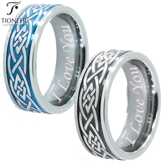 Tioneer Tungsten Carbide Wedding Band Ring Celtic Design Black / Blue Mens Womens 8MM I Love You Engraved