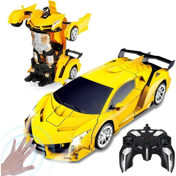 Transformer Toy RC Car, Remote Control Robot Car with Gesture Sensing LED Light Music and Sound Effects, 2.4Ghz Transformer Car with Battery, Gift for 3-10 Years Old Boys Yellow