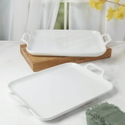 Denmark Tools for Cooks 2 Piece Stoneware Rectangular Serving Trays Platters Set with Handles, White