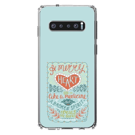 DistinctInk Clear Shockproof Hybrid Case for Samsung Galaxy S10 (6.1" Screen) - TPU Bumper, Acrylic Back, Tempered Glass Screen Protector - Proverbs 17:22 - A Merry Heart Does Good