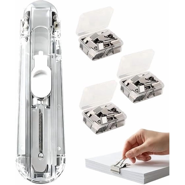 Portable Binder Clip Stapler with 150/250/300 Reusable Metal Clips, Handheld Push Clip Dispenser for Paper Clamps, No-Hole Mini Push Stapler for Desktop Document Binding (1 PCS)