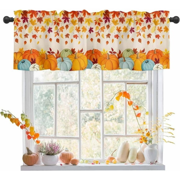 Cantonnière de Cuisine d'Automne pour Fenêtres, Ferme, Feuille d'Érable, Citrouille, Poche pour Tringle, Courts Panneaux de Rideaux, Cantonnières à Feuilles Tombées, Habillages de Fenêtre, Draperies pour Salon Chambre, Déco de l'Action de Grâce