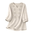 thumbnail image 4 of Wutalume Women's 3/4 Sleeve Linen Top - Casual V-Neck Button Down Shirt in Solid Color, 3/4 Sleeve Blouses for Women, Womens Summer Tops Breathable,Beige 2XL, 4 of 5
