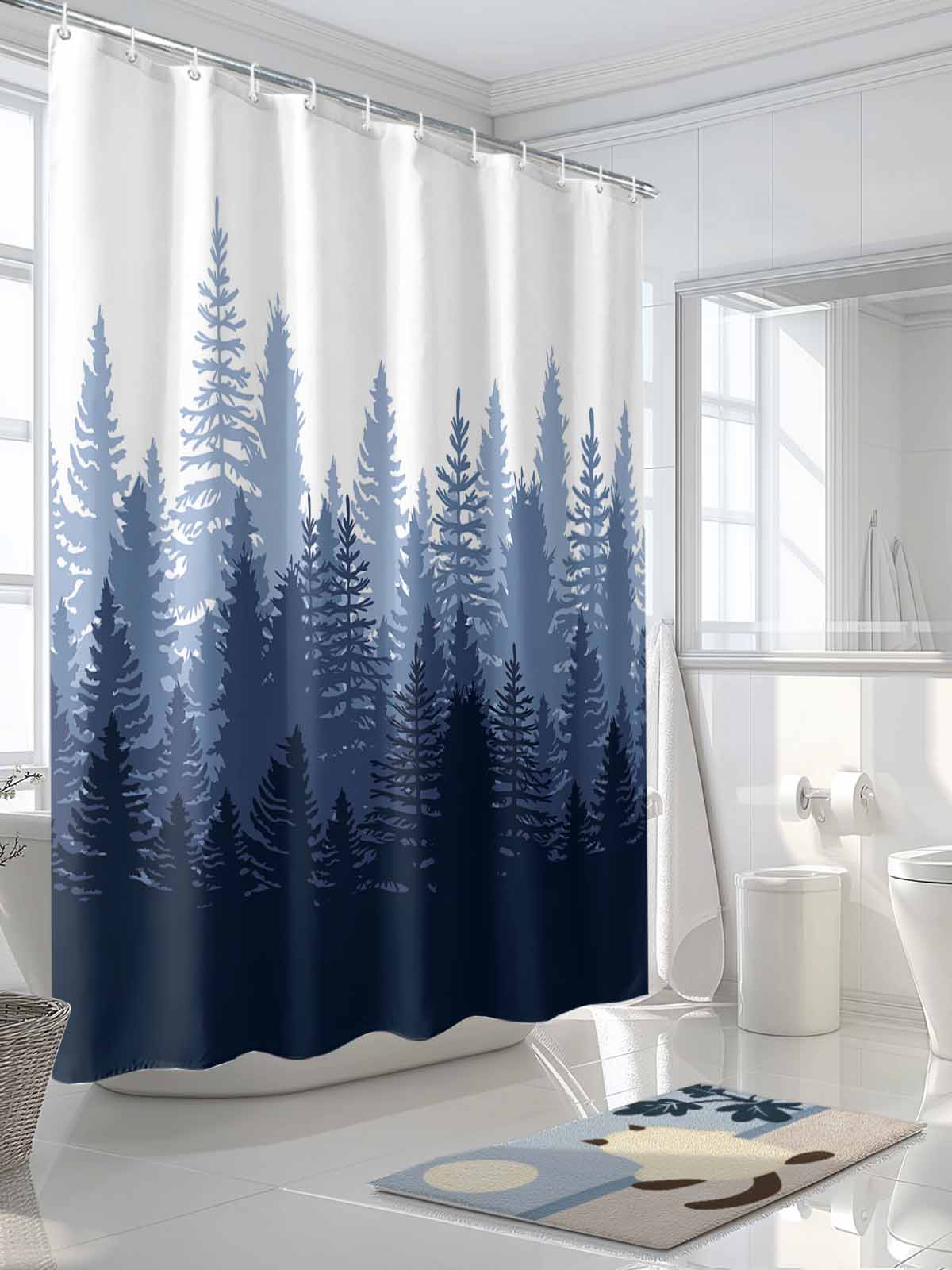 Navy Blue Ombre Extra Long Shower Curtain Set, Waterproof Shower Curtains for Bathroom, Primeval Forest Modern Abstract Art Aesthetics Washable Fabric Bath Curtain for Bathtub with Hooks 72x96 Inches