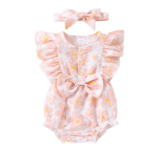 Gupgi Baby Girl Summer Jumpsuit Infant Floral Print Bow Ruffles Buttons Romper and Headband Set