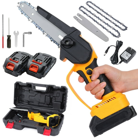6-Inch Mini Electric Chainsaw Cordless Rechargeable Wood Cutter with 21V Battery & Safety Features - Orange - Brushed