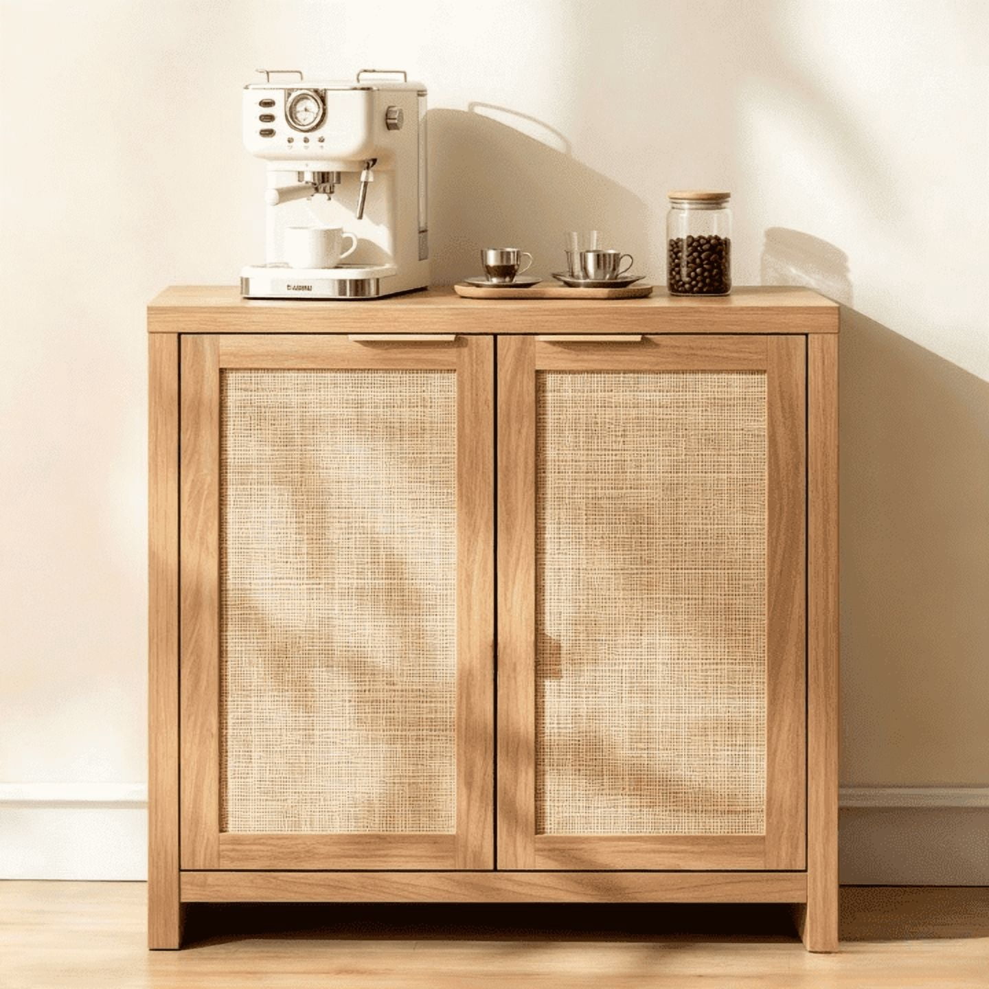 ARKANTOS Sideboard Buffet Cabinet with Large Storage, Boho Rattan Coffee Bar Cabinets with Adjustable Shelves, Buffet Console Table for Kitchen Living Room Hallway, Oak