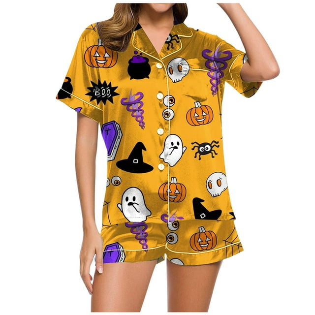 Fgnfyis Ensemble de Pyjama Décontracté Imprimé pour Femmes et Shorts Pyjama d'Halloween Femmes Jaune_001 TG