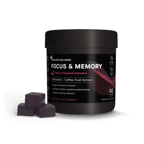 Ananda Wellness Focus & Memory Gummies, Cherry Flavor, Zero Sugar & Caffeine-Free, 60 Count – With Cognizin® Citicoline 500 mg and CognatiQ® Coffee Fruit 200 mg