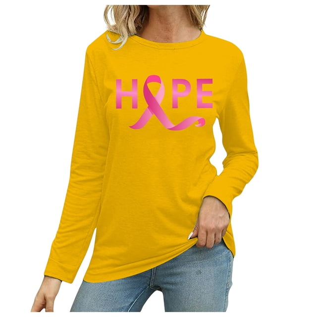MKLEKYY Hauts Ajustés pour Femmes T-Shirt à Manches Longues Imprimé Mois de la Prévention du Cancer Col Rond Décontracté pour Femmes