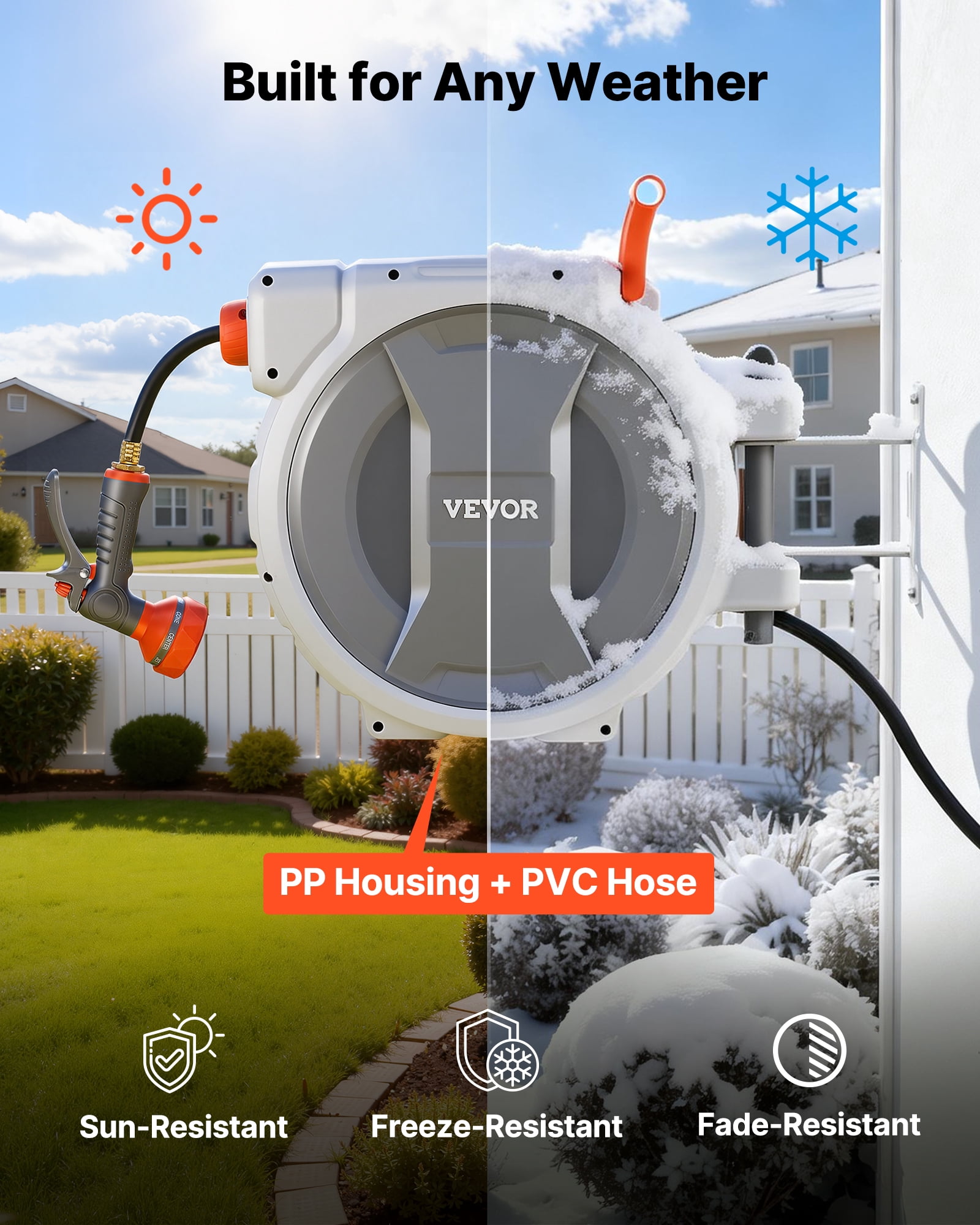 VEVOR Retractable Garden Hose Reel, 1/2 in x 100 ft, Wall Mounted Hose Reel with 9-Function Sprayer Nozzle and 180° Swivel Bracket, Any Length Lock, Automatic Slow Rewind System, for Garden Watering
