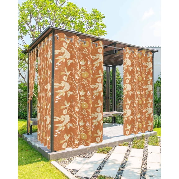 Vintage Flower Outdoor Curtains for Patio, Orange Bird Leaf Branch Botanical Tree Privacy Drapes Grommet Waterproof Outside Curtains for Porch/Cabana/Balcony 54"x 95", 1 Panel