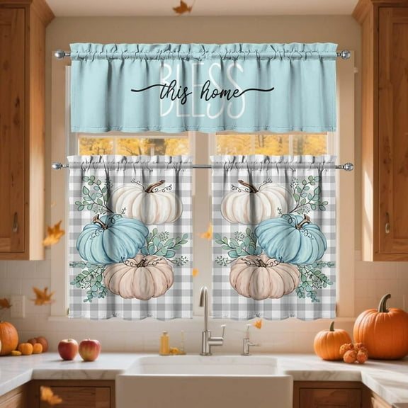 Fall Pumpkin Kitchen Window Curtains,Farmhouse Style Cafe Curtains Over Sink,Thanksgiving Bathroom Bedroom Living Room Window Tier and Valance 3 Pieces Set
