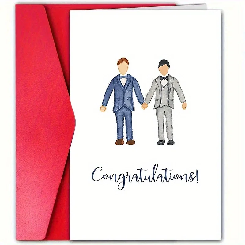 Congratulations Card for Same-Sex Wedding - Featuring Two Grooms Holding Hands - Ideal for LGBTQ+ Couples, Includes Envelope