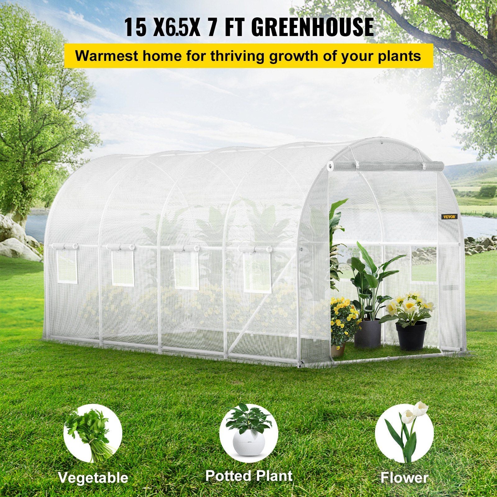 Walk-in Tunnel Greenhouse  15 x 6.5 x 7 ft Portable Plant Hot House w/ Galvanized Steel Hoops  1 Top Beam  Diagonal Poles  Zippered Door & 8 Roll-up Windows  White