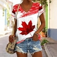 thumbnail image 2 of Puliio Womens Realistic Maple Print V Neck T Shirt Rolled Sleeve Casual Patriotic Summer Graphic Tee, 2 of 5