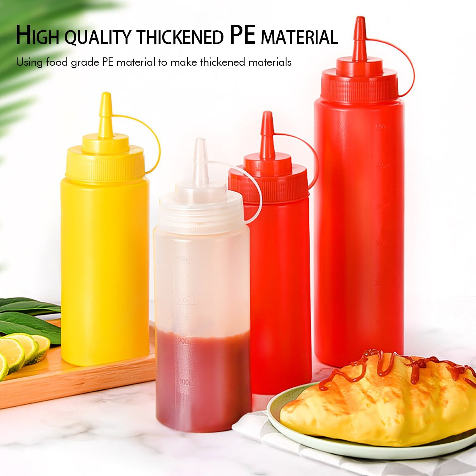 Condiment Squeeze Bottles, Ketchup Dispenser, 2PCS 24 oz Plastic Sauce Squirt Bottle with Cap Lids, Pancake Squirt Bottles for Sauces Liquids Mustard BBQ Dressing Pancake Art, White, 2.63x10.43"