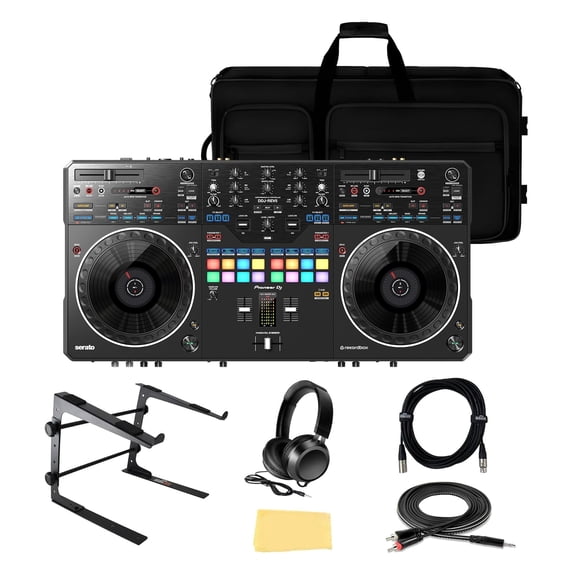 Pioneer DDJ-REV5 Scratch-Style 2-Channel Professional DJ Controller Bundle with Case, Headphones, XLR Cable, TRS-to-RCA Breakout Cable, and Austin Bazaar Polishing Cloth