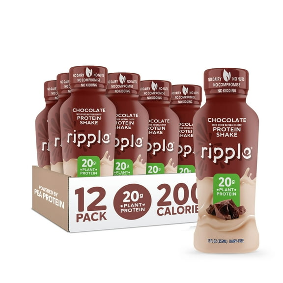 Ripple Chocolate Vegan Protein Shake, Shelf Stable, 12 fl oz, 12 Pack