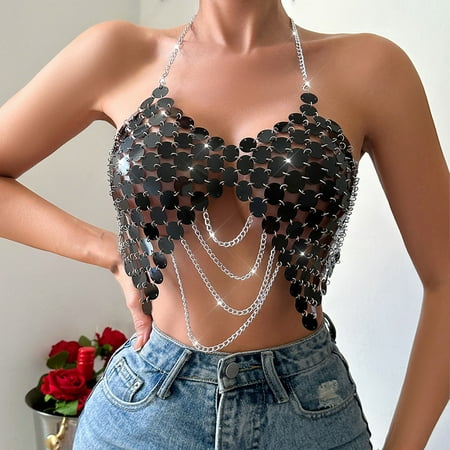 Dihao Party Bikini for Women Nightclub Sexy Beaded Glitter Patchwork Bikini Cover Up Cropped Tops Women Sparkly Sequin Bra Chain Top Purple Halter Cami Blackless Body Chains for Rave Club