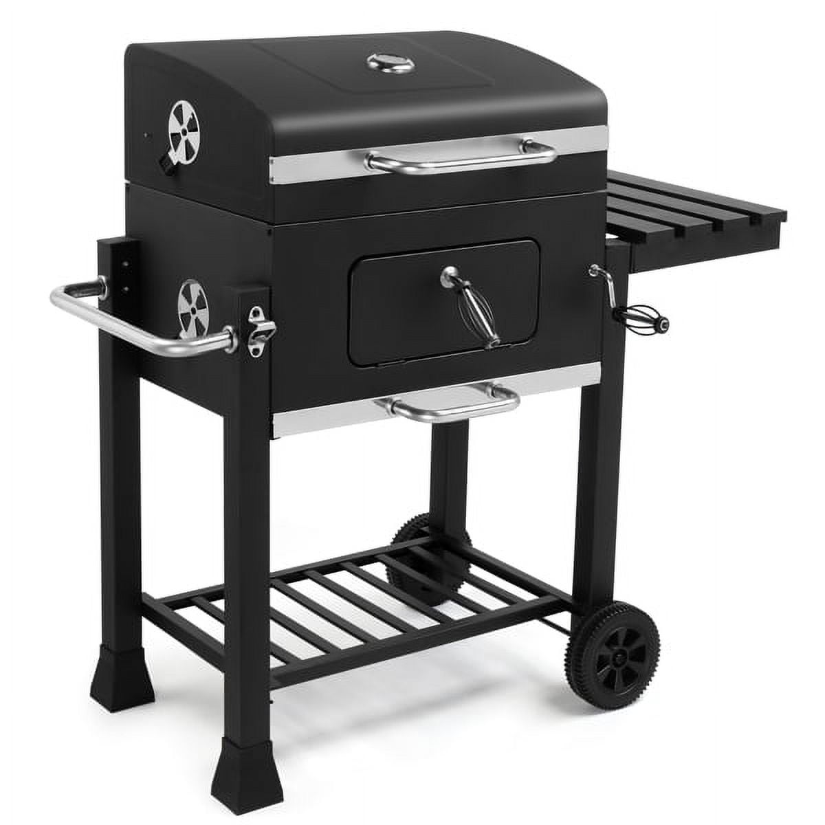 Heavy-Duty Charcoal Grill - Spacious Cooking Area, Height-Adjustable Charcoal Pan, Foldable Side Table & Wheels, for Backyard/Gatherings