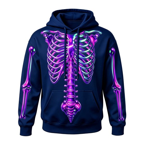Men Women Neon 3D Full Skeleton Bones Print Hoodie, Drawstring Kangaroo Pocket Long Sleeve Pullover Sweatshirt Halloween Streetwear Casual Outerwear Tops(Navy1,XXXL)