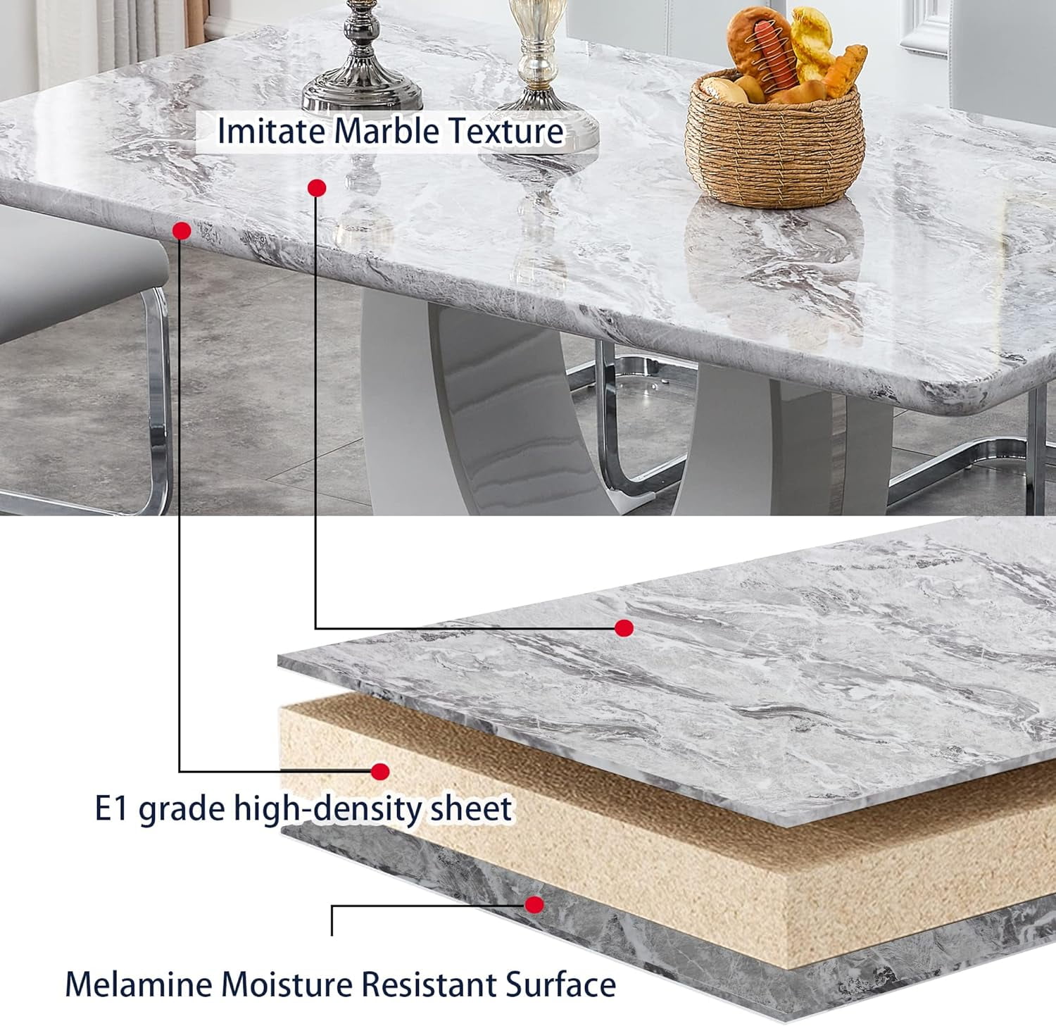 Sumdeal 63" Modern Faux Marble Dining Room Table Sets for 6,7 Piece Rectangle Dining Table Set &6 Pu Leather Upholstered Chairs Ideal(Light Grey, Set of 6)