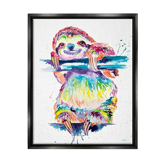 Fun Rainbow Sloth Wildlife Animals & Insects Graphic Art Jet Black Framed Art Print Wall Art