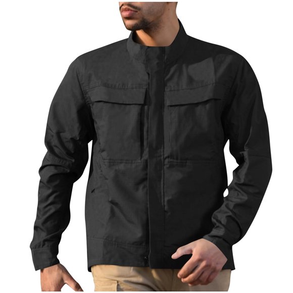 Ohufall Mens Tactical Jacket Waterproof Windbreak High Neck Pockets Jackets Long Sleeve Plus Size Trendy Jackets