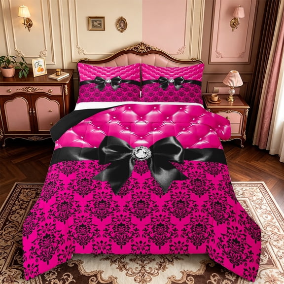 Manfei Cute Black Bow Full Size Comforter Sets,Rustic Western Damask Bedding Comforter Set,Black Reversible,3-Piece,1 Comforter and 2 Pillowcases