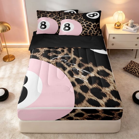 Erosebridal 8 Ball Zipper Twin Comforter Sets 4-Piece, Crimson Leopard Front, Black Reversible Back