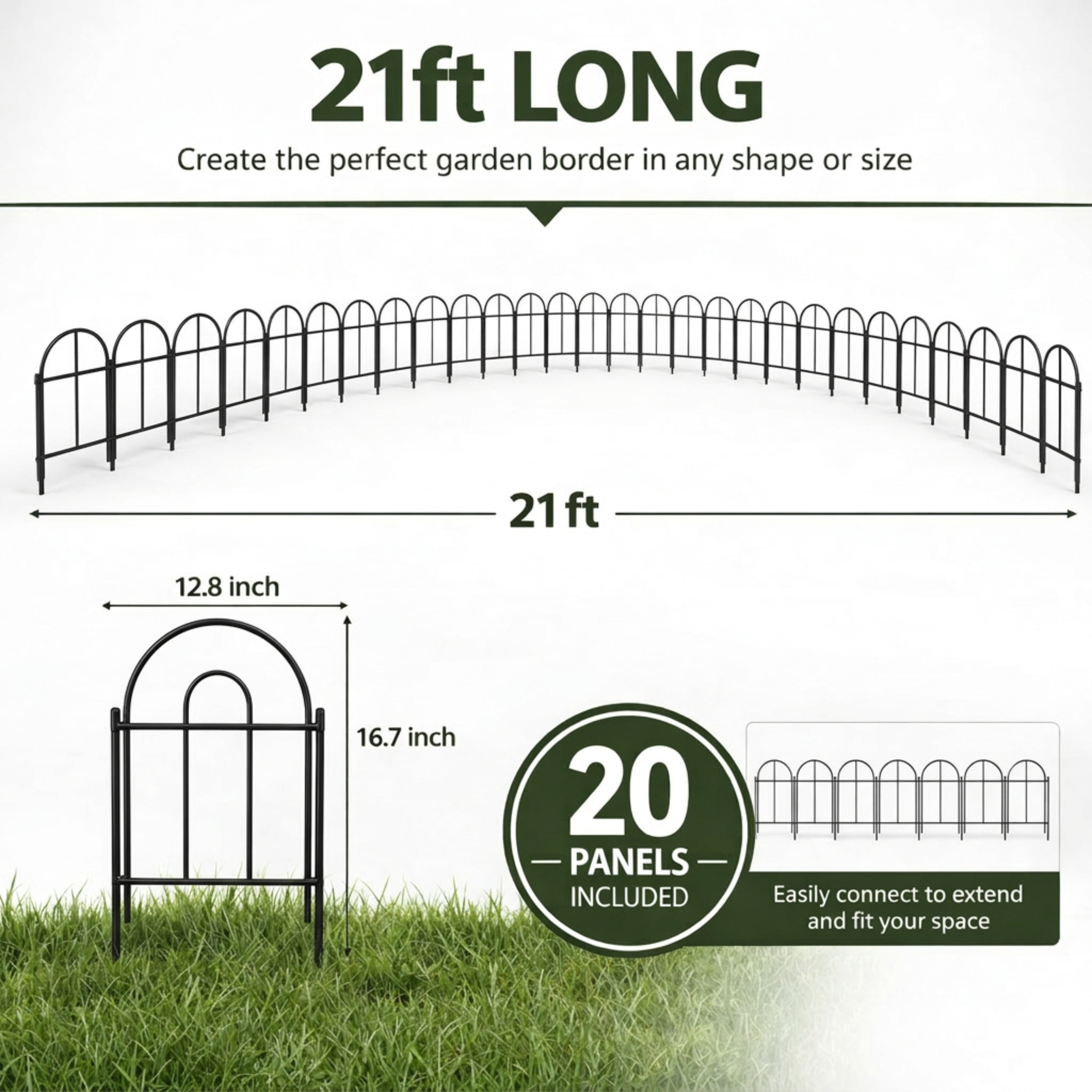 Y&M 21FT Garden Fence 20 Panels, 16.7in H Metal Border Fence, No Dig Landscape Edging for Yard Lawn Flower Bed, Rustproof