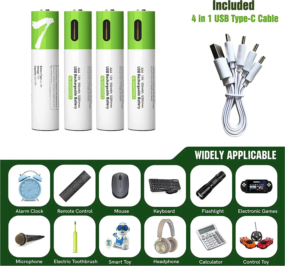 2Pcs Rechargeable Aaa Lithium Ion Li-Ion Batteries 1.5V 750Mwh With Usb C Cable