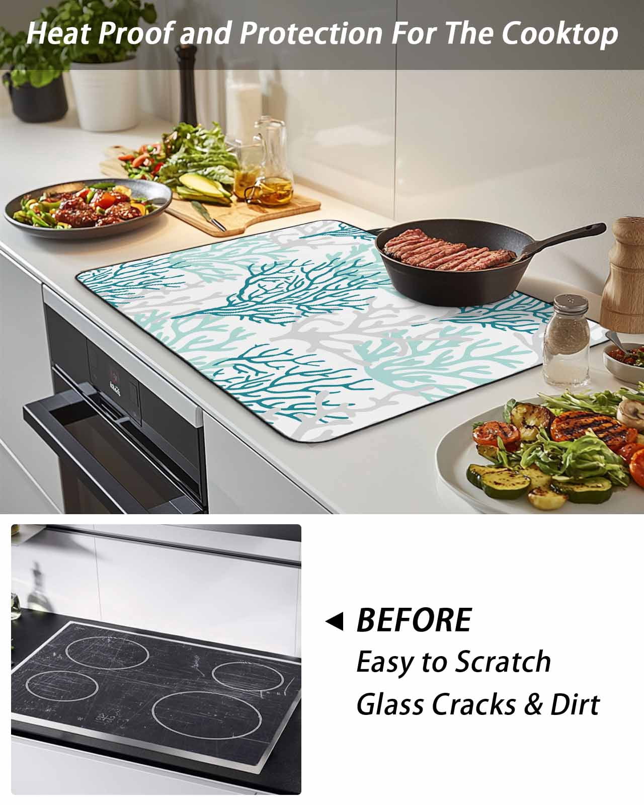 Stove Top Covers for Electric Stove, Teal Grey Coral Coastal Glass Stovetop Cover Protector, Summer Beach Seaside Nautical Induction Cooktop Protector Oven Mat for Kitchen Countertop 28.5"x20.5"
