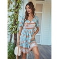 thumbnail image 6 of Women Casual- Summer Dress Boho V Neck Short Sleeve Babydoll Floral Print Flowy Beach Dress Blue S, 6 of 8