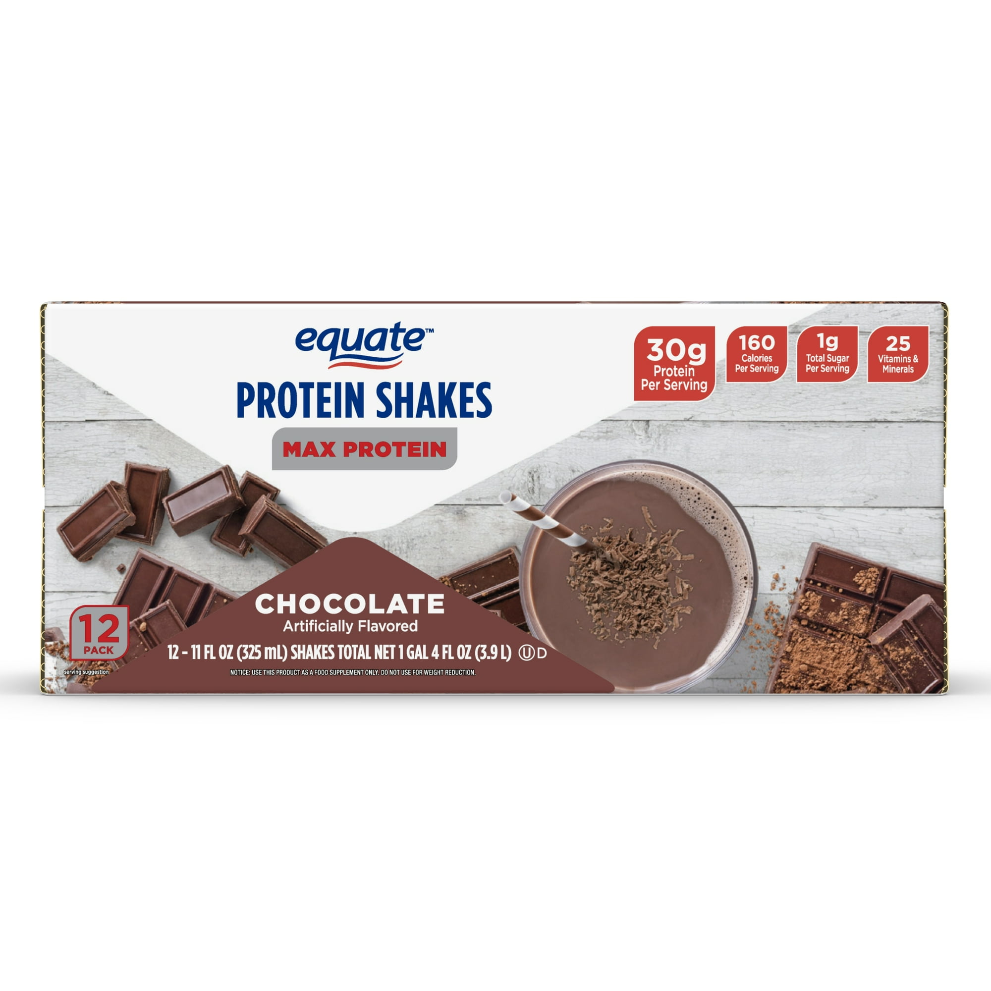 Equate Max Protein Nutrition Shake, Chocolate Flavored, 12 (11 fl oz) Shakes