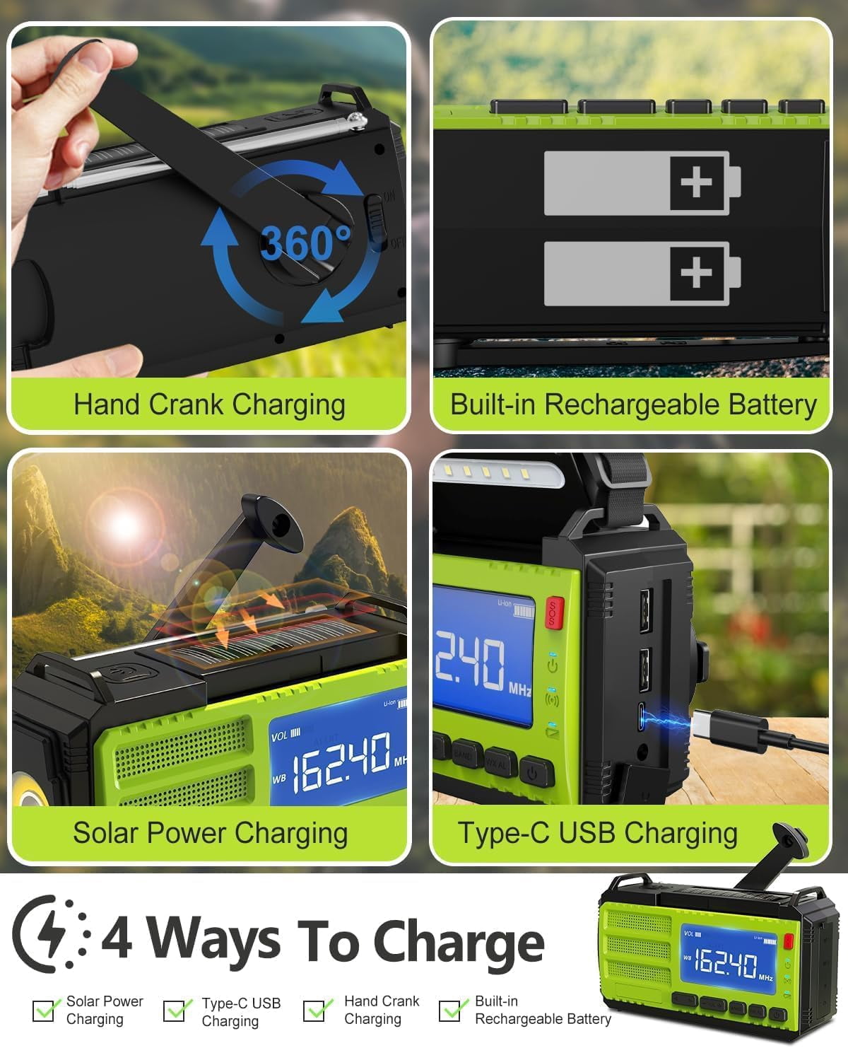 37000mWh Hand Crank Emergency Radio, AM FM NOAA Weather Alert Radio, Portable, Solar, 4 Charging Methods, 3-Mode Flashlight, Reading Lamp, SOS Alarm, Phone Charger for Winter Storm Emergency