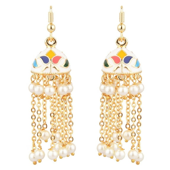 Efulgenz Indian Jewelry Bollywood Antique Faux Pearl Drop Floral Long Chain Tassel Jhumka Jhumki Hook Dangle Earrings Set