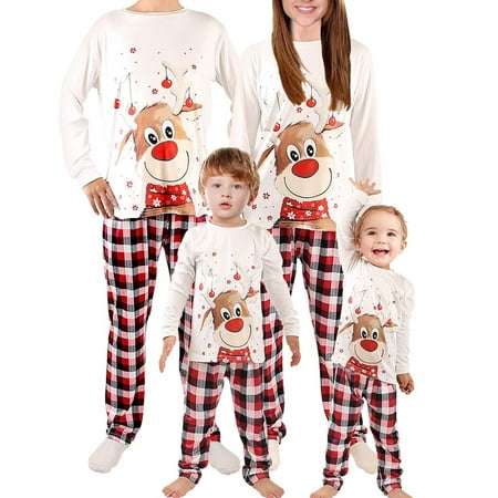 

SUNSIOM Matching Family Pajamas Sets Christmas PJ s with Deer Long Sleeve Tee and Plaid Pants Loungewear for Adult Kids Baby