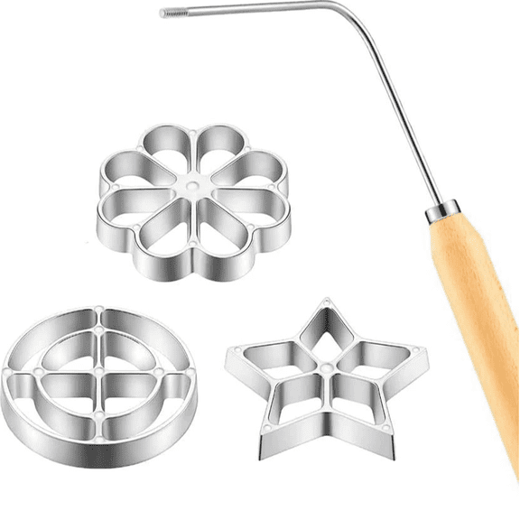 3 Pcs Rosette Iron Mold Set, Aluminum Alloy Bunuelo Maker with Wooden Handle, Star Flower Circle Shapes Fried Cookie Molds for Christmas Baking & Dessert Making