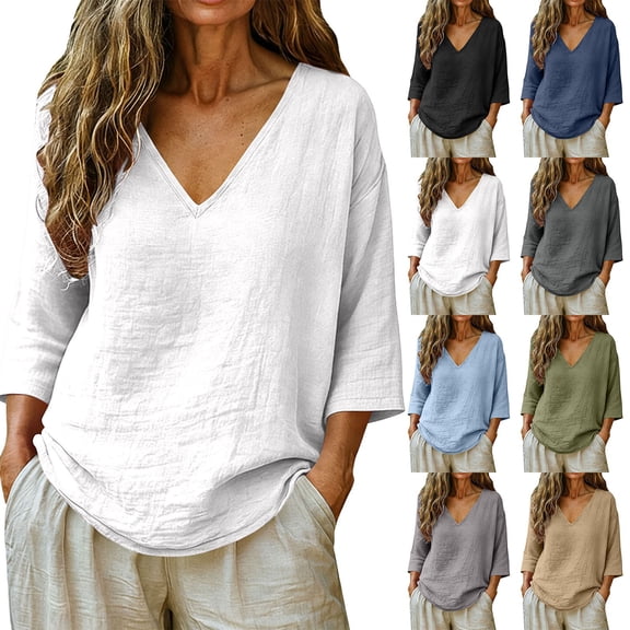 Women's V Neck 3/4 Sleeve Linen Blouse Loose Fit Solid Color Summer Top