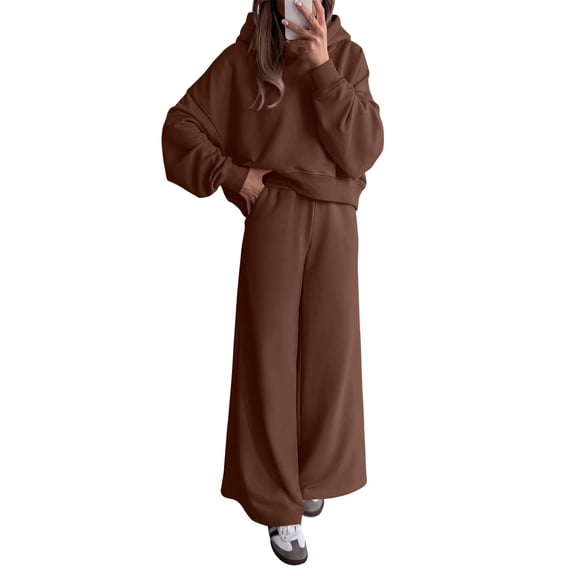 Sewkxo Womens Sweatsuits 2 Piece Set Casual Winter Long Sleeve Hoodie Loose Wide Leg Sweatpants Fall Tracksuit,Coffee L