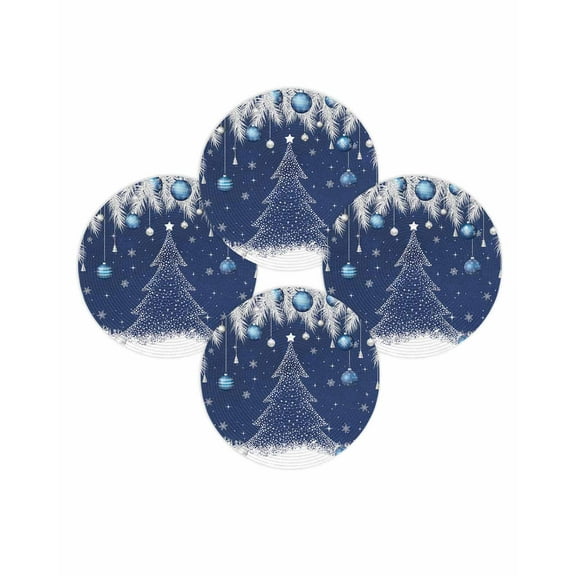 Christmas Round Placemats Set of 4 Christmas Tree Place Mats Washable Woven Placemat Pine Tree Branch Navy Blue Xmas Balls Circle Braided Table Mat for Kitchen Dining Table Party Home Decor 15 Inch