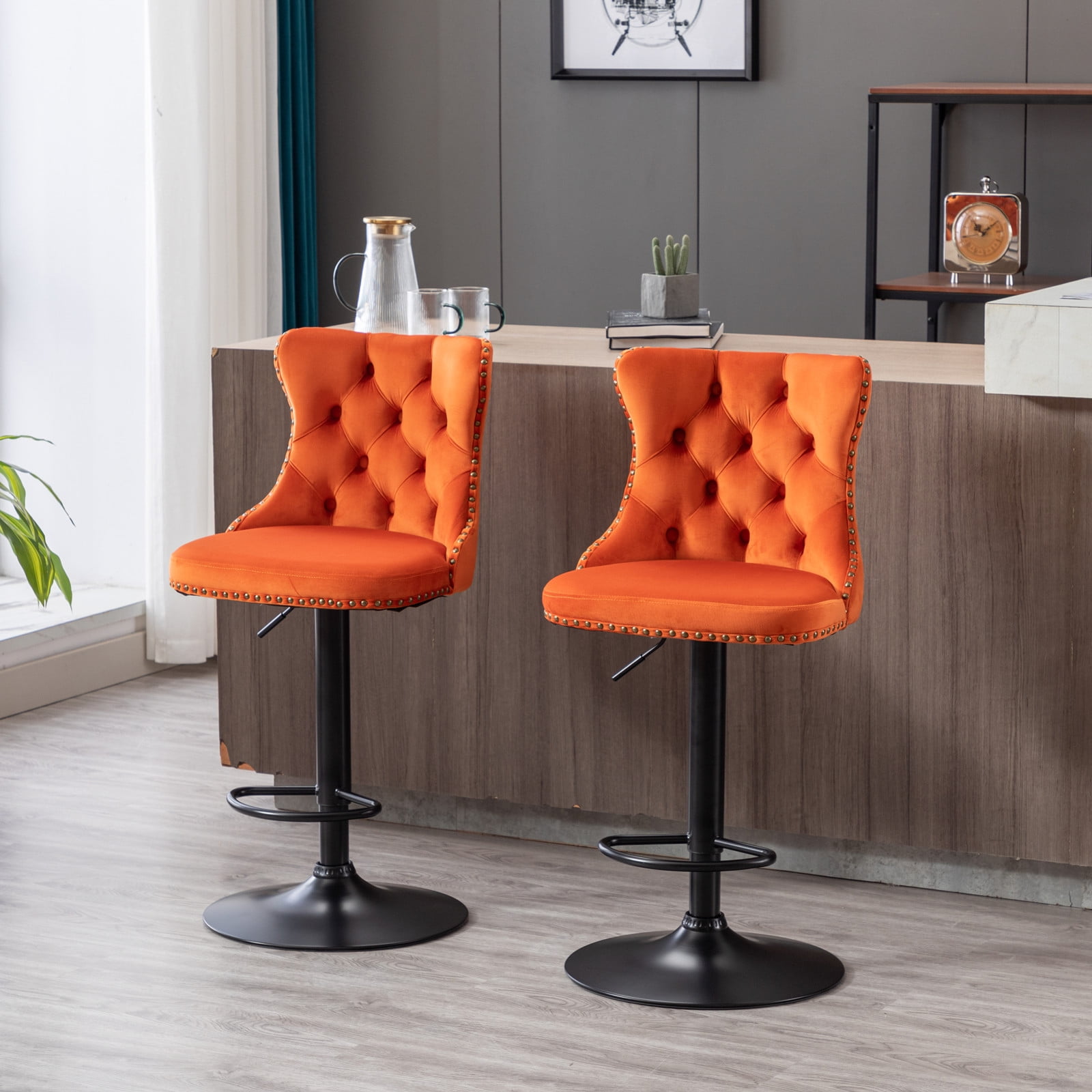 MAYEERTY Swivel Velvet Barstools - Adjustable Seat Height 25-33 Inch, 17.7 Inch Base, Tufted Backs, Orange, Set of 2