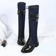 thumbnail image 5 of Knee High Boots Women Fashion Splice Leather Denim Lace up Zipper Mid Calf Motorcycle Boots Lug Sole Low Heel Trendy Buckle Straps Tall Boots, 5 of 7