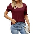 thumbnail image 4 of QAFOPEH Women Square Neck Puff Short Sleeve Smocked Cuffs Tunic Solid Color Top, 4 of 7