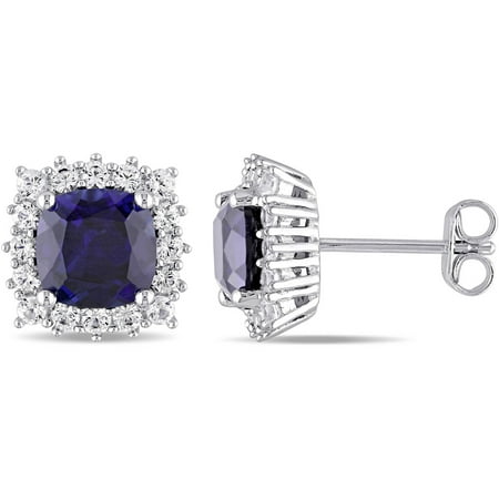 Tangelo 4-7/8 Carat T.G.W. Created Blue and White Sapphire Sterling Silver Halo Cushion Stud Earrings