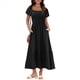 thumbnail image 3 of Vestido Midi de Verano para Mujer, con Escote Cuadrado, Mangas Abullonadas, Estilo Bohemio, Fruncido, Fluido, con y Bolsillos, Color Negro, Talla XL, 3 of 8