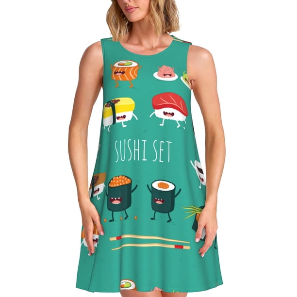 Fotbe Cute Sushi Vestido de Verano sin Mangas para Mujer – Vestido Midi Línea A, Estilo Camiseta Floral, Vestido Playero Casual y Fluido