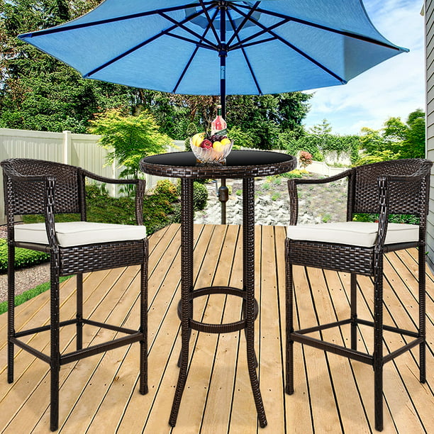 High Top Outdoor Table And Stools Patio Furniture Set Wicker Back Chair With Glass Coffee Removable Cushions Bistro For Backyard Poolside Porch Q17067 - High Back Wicker Patio Set